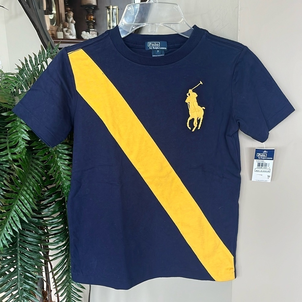 New Polo by Ralph Lauren Navy Blue & Yellow Boys Short Sleeve Tee